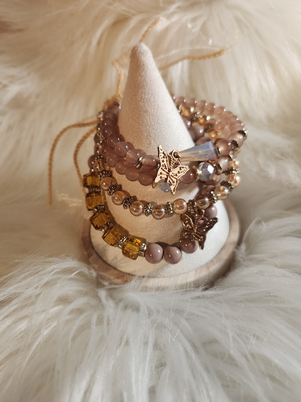 Stackable Butterfly Charm Bracelet Set in Brown and Amber
